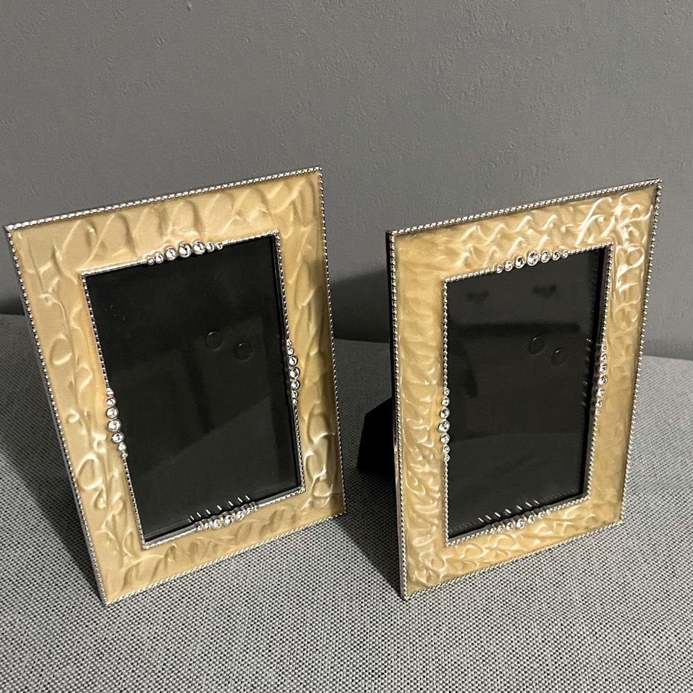 Two Vtg. Jeweled Golden Enamel Marble Pattern - Two 4 x 6 Picture Frames